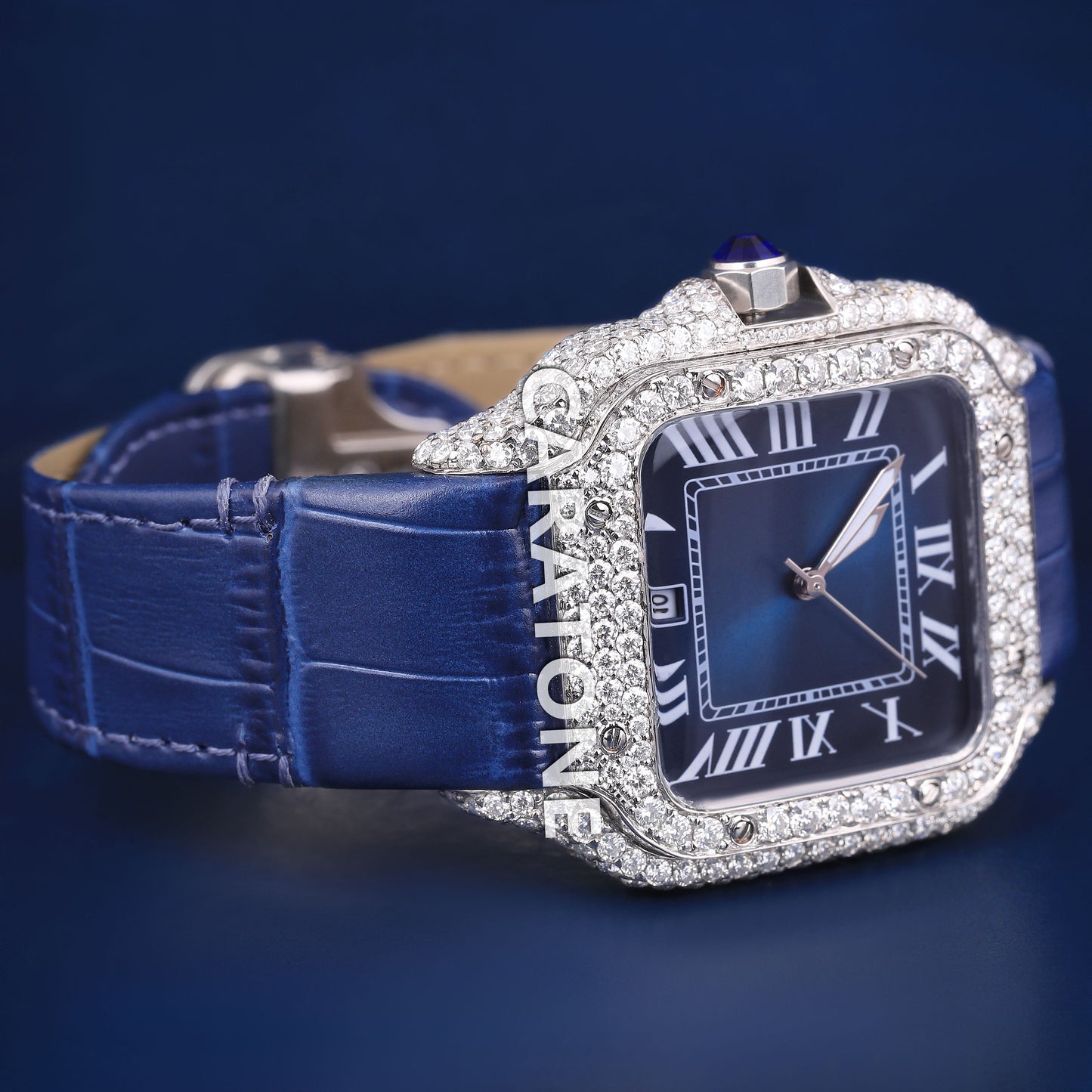 White Diamond Watches for Men Roman Square Blue Dial Moissanite Diamond Leather Strap Watches Iced Out Most Expensive Luxury Watches