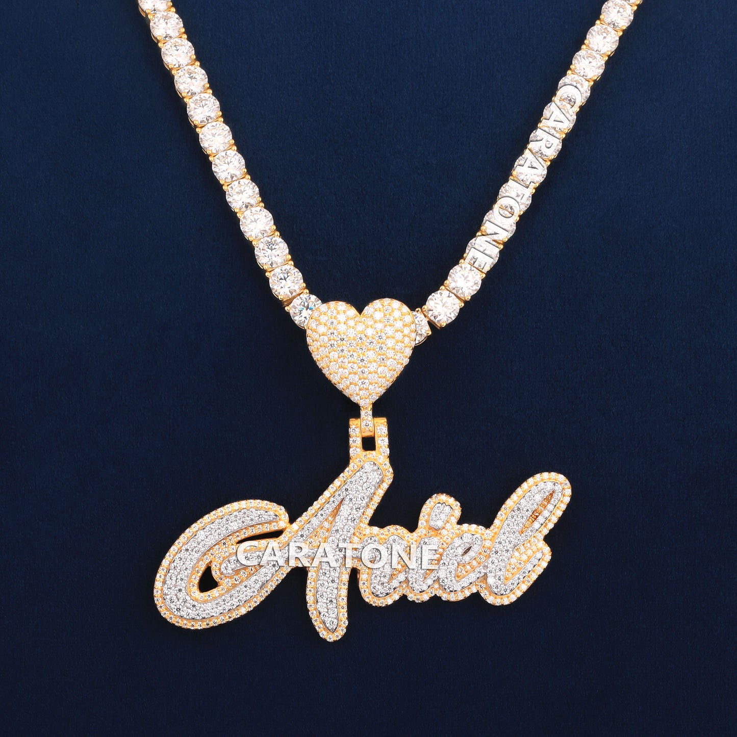 Custom Letter Pendant With 5 MM Tennis Chain In 14 KT Gold With Lab Diamond