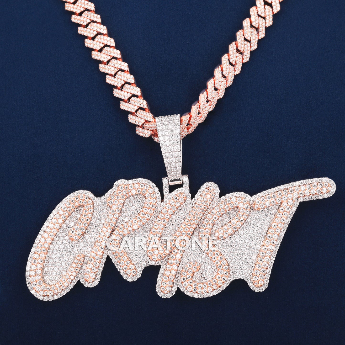 Two Tone Custom Letter Pendant With Chain In 925 Sterling Silver With Lab Diamond