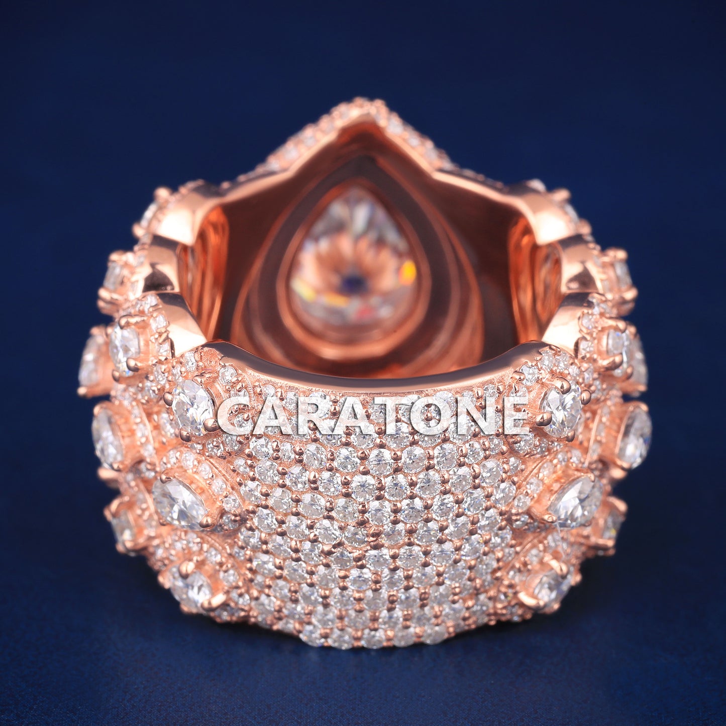 Mens Custom Unique Designer Diamond Rings in Rose Gold Double Halo Pear Big Diamond Custom Wedding Rings for Mens