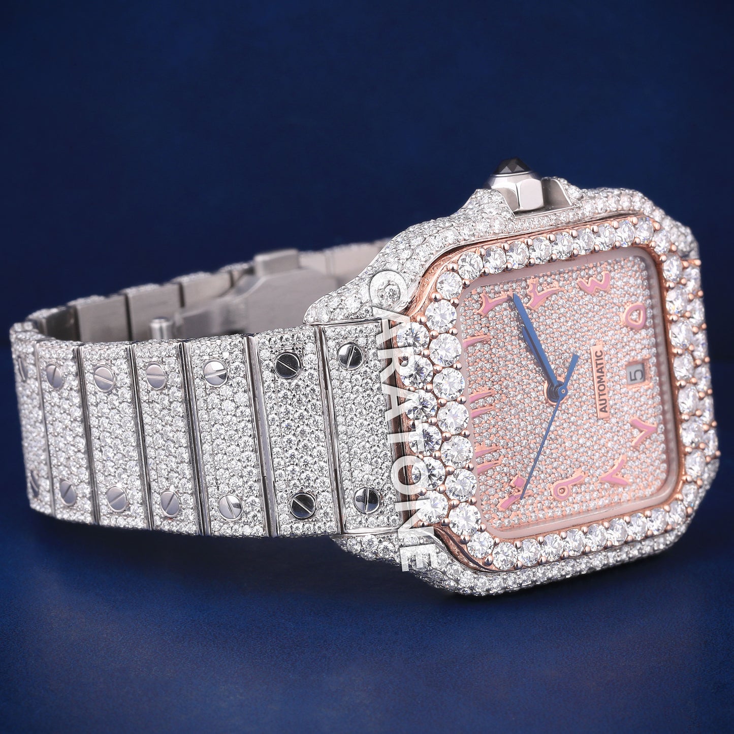 Hip hop full iced out branded watch with pink arabic numerals and diamond tester passed