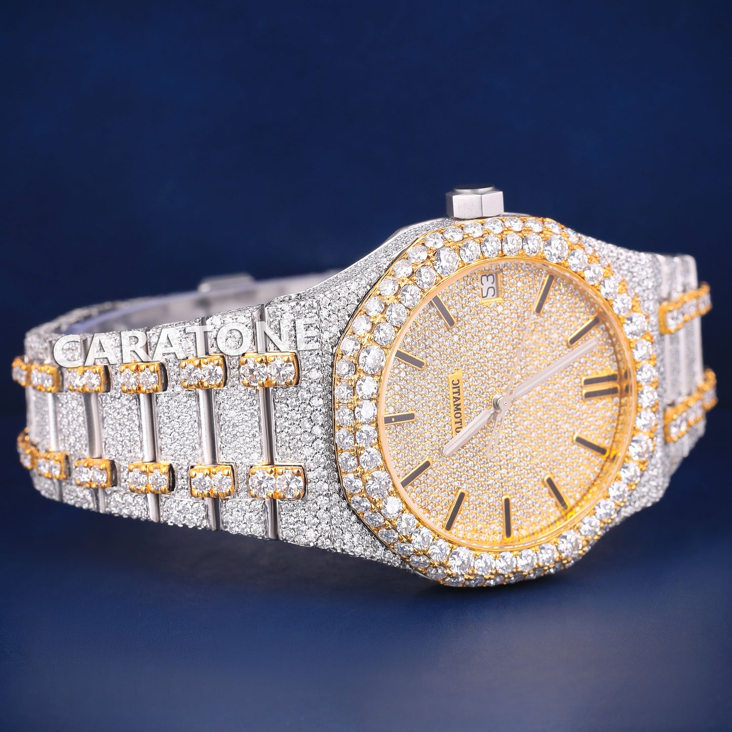 Mens Iced Out Watches Two Tone Silver Yellow Gold Plated Bust Down Moissanite Watch