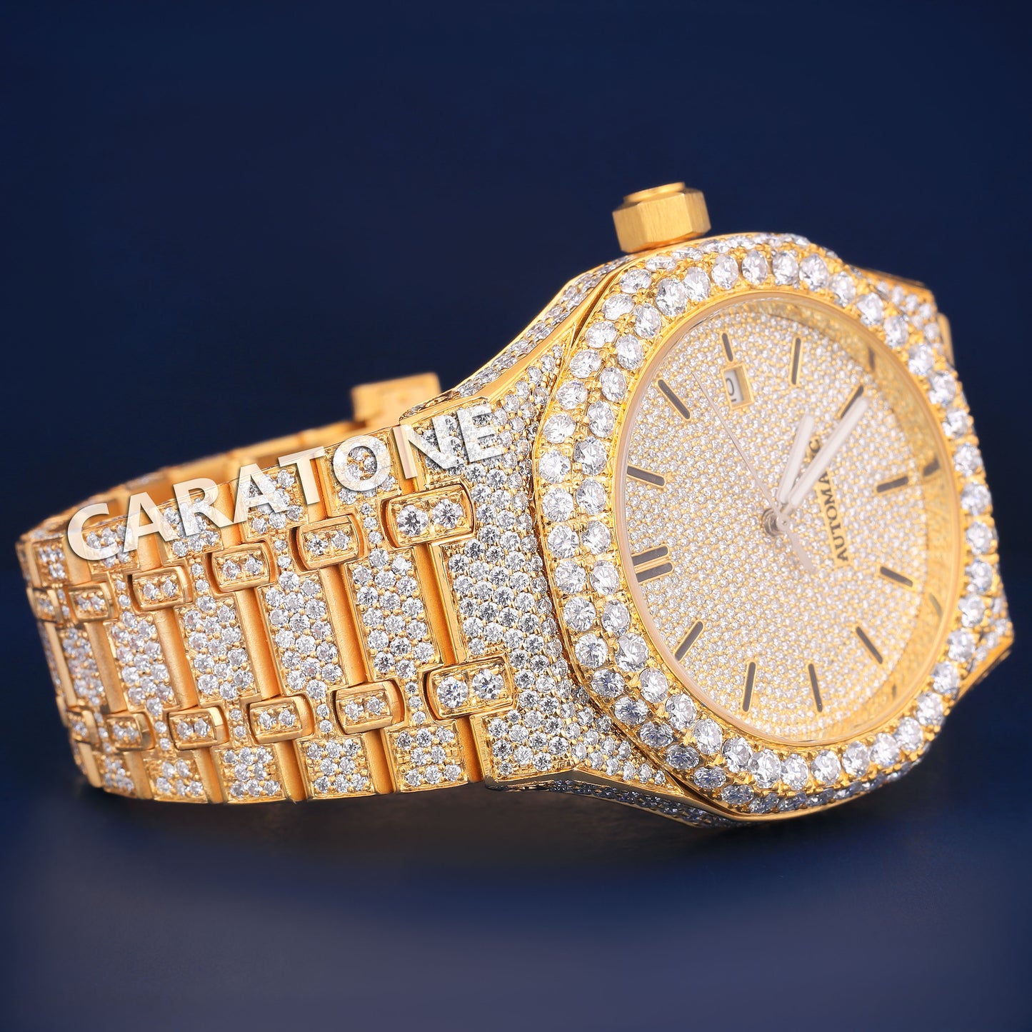 Customized Hip hop Ice Watches VVS Diamond Stainless Steel Fully Yellow 42mm Luxury Rapper Watch