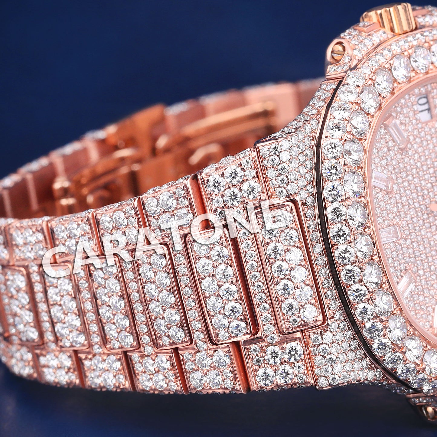 Full iced out hip hop branded watch in rose gold tone with baguette diamonds in dial and diamond tester passed
