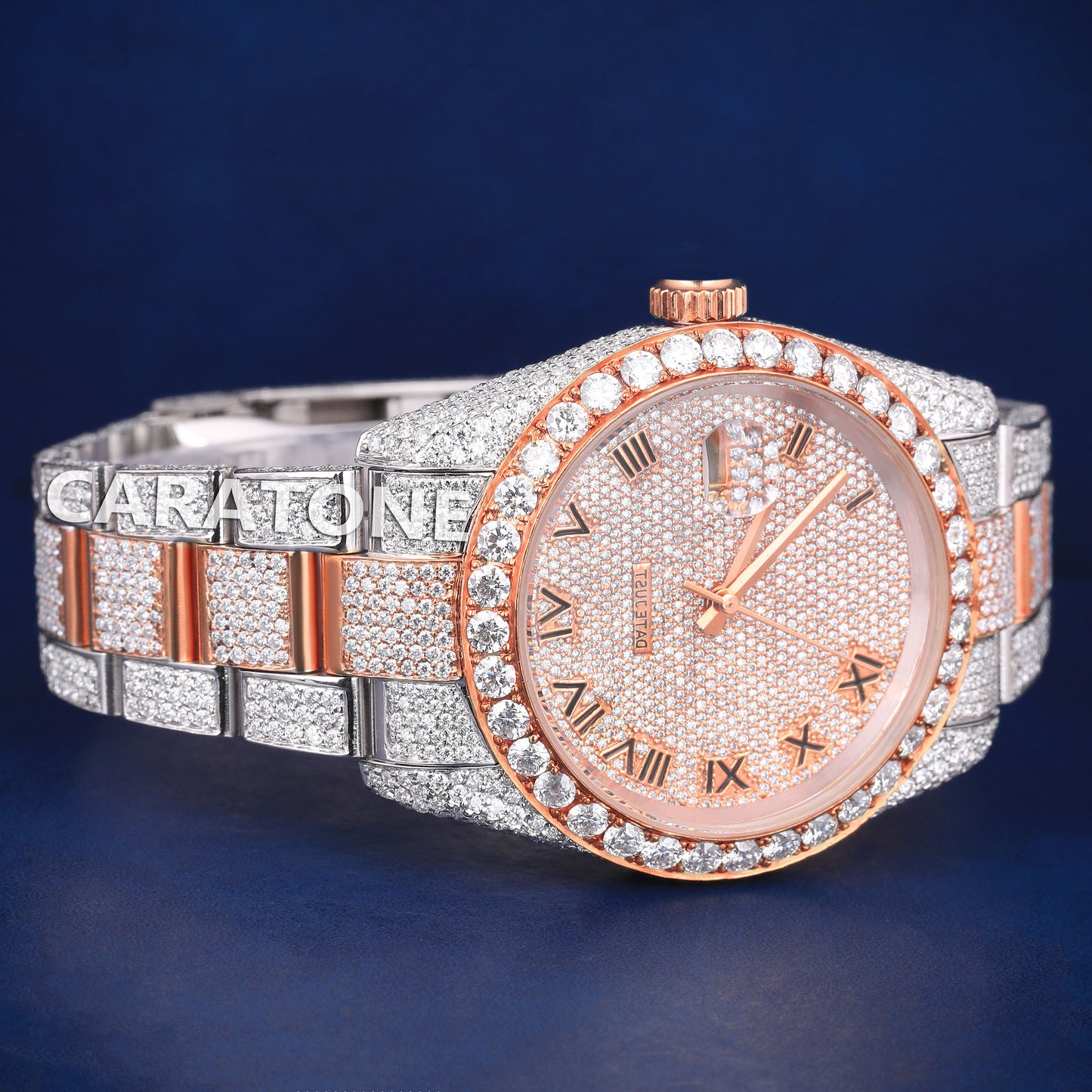 Fully Iced Out Mens Hip Hop Watches Two Tone Silver Rose Roman Numeral Dial Customized Watches