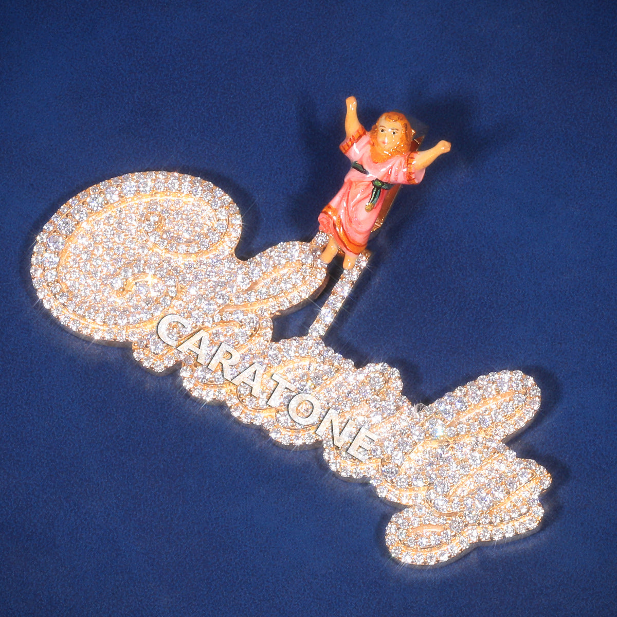 Fully Iced Out Cursive Name Pendant with Gold Finish and Diamond Pavé