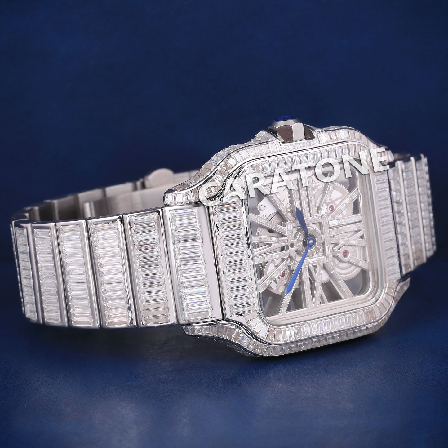 Full iced out hip hop branded watch with full of baguette diamonds in white tone with and diamond tester passed