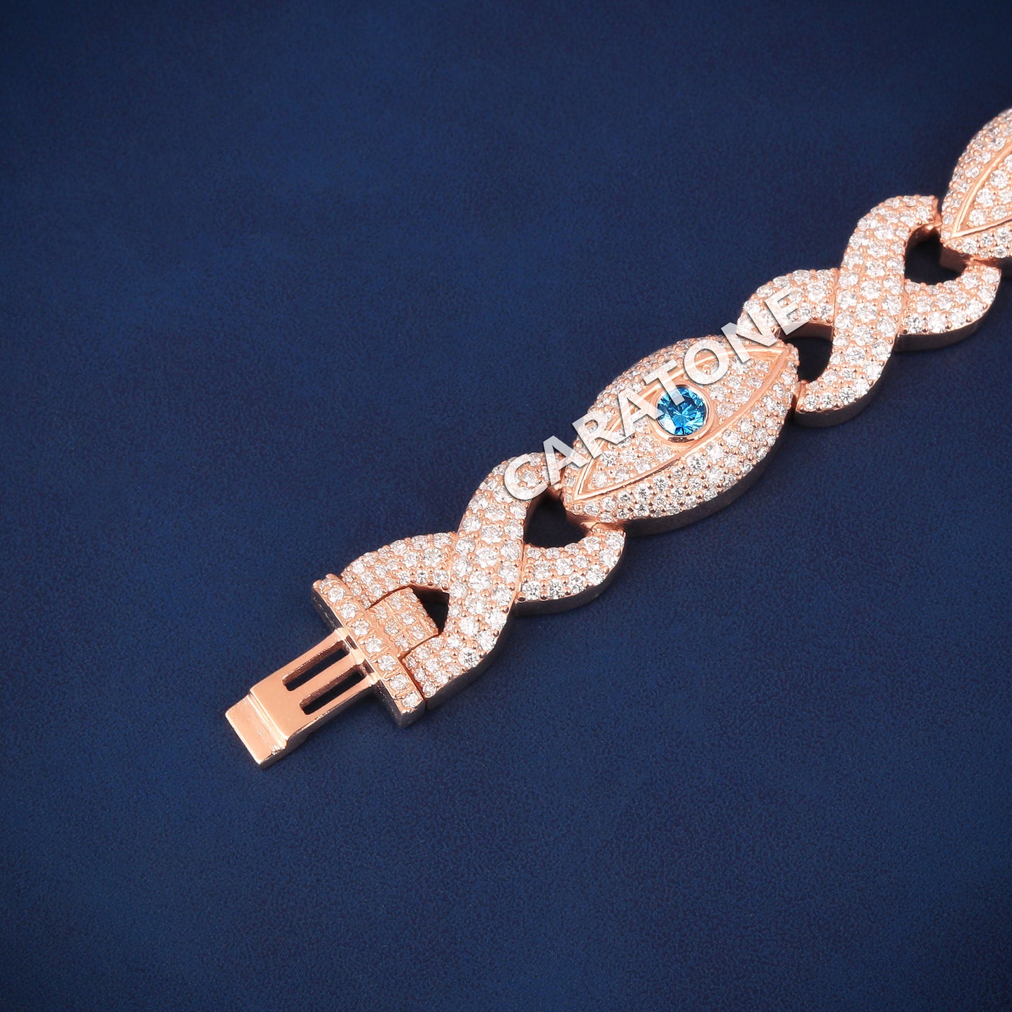 7 Inch 12.5mm Rose Gold Infinity Eye Bracelet Iced Out with Blue Diamonds for Regal Essence