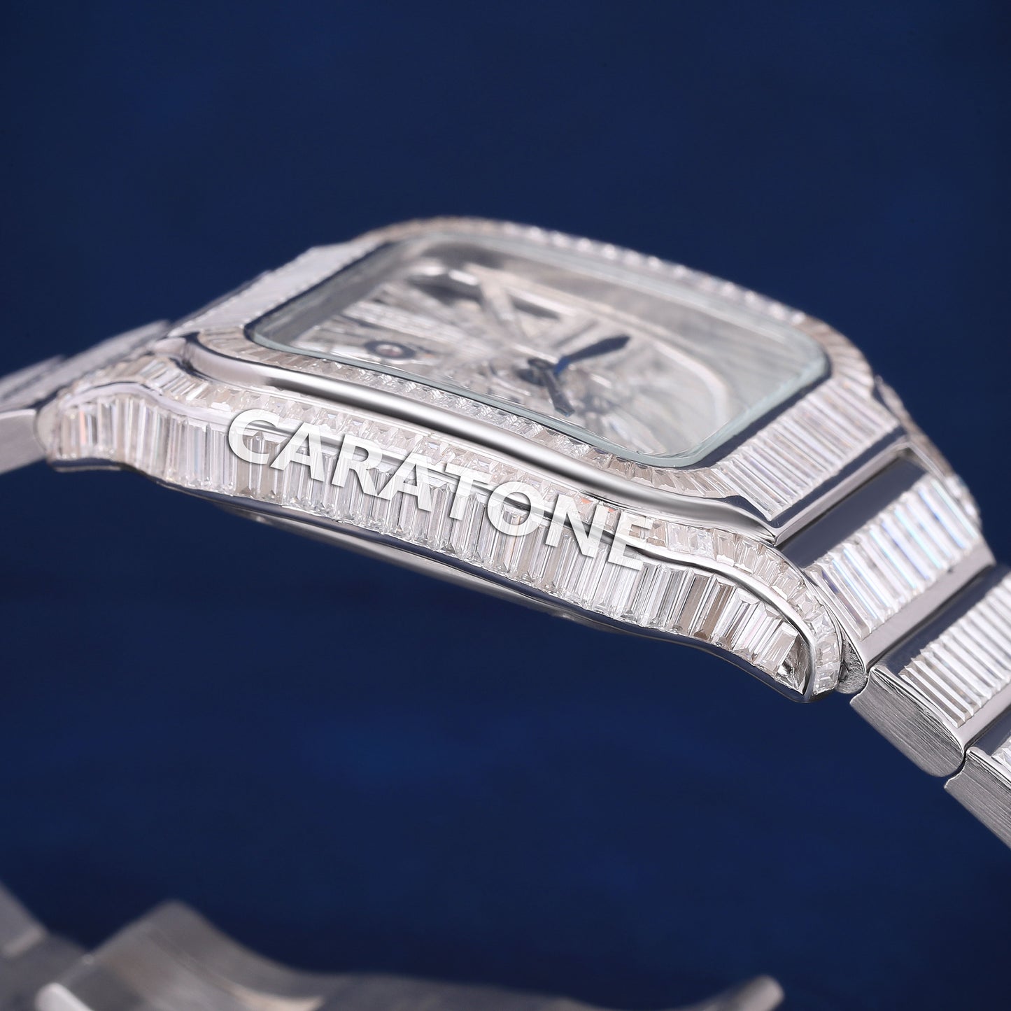 Full iced out hip hop branded watch with full of baguette diamonds in white tone with and diamond tester passed