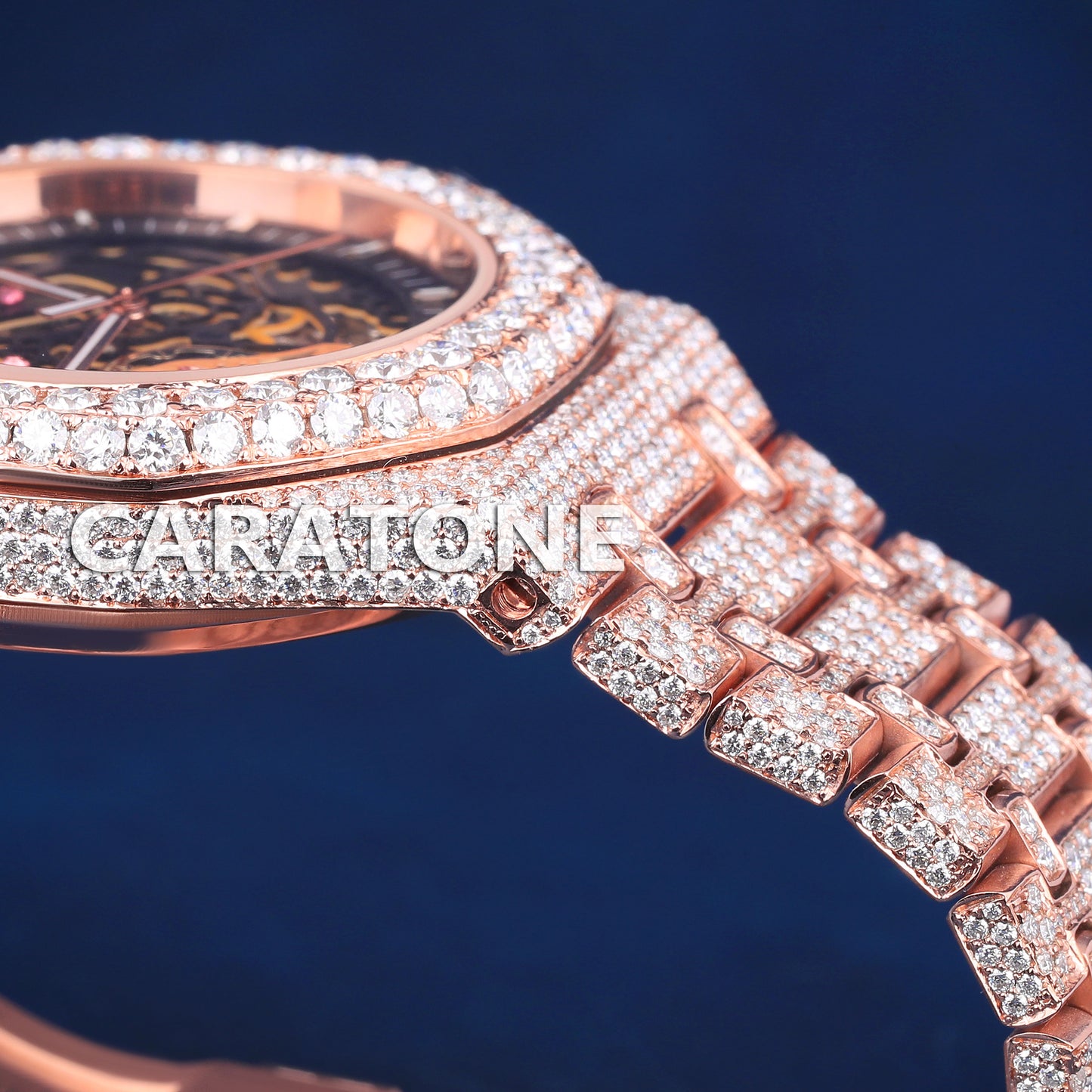 Full iced out without dial hip hop branded watch in rose gold tone with D VVS clarity
