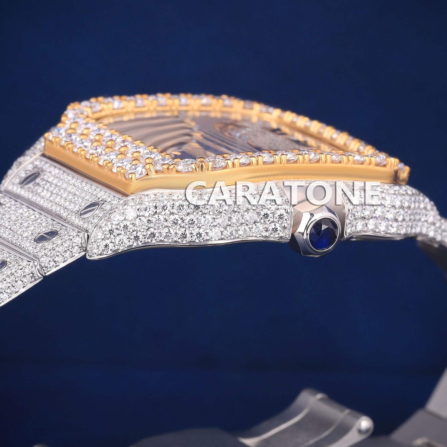 Full iced out hip hop branded watch with roman numerals in it with diamond tester passed