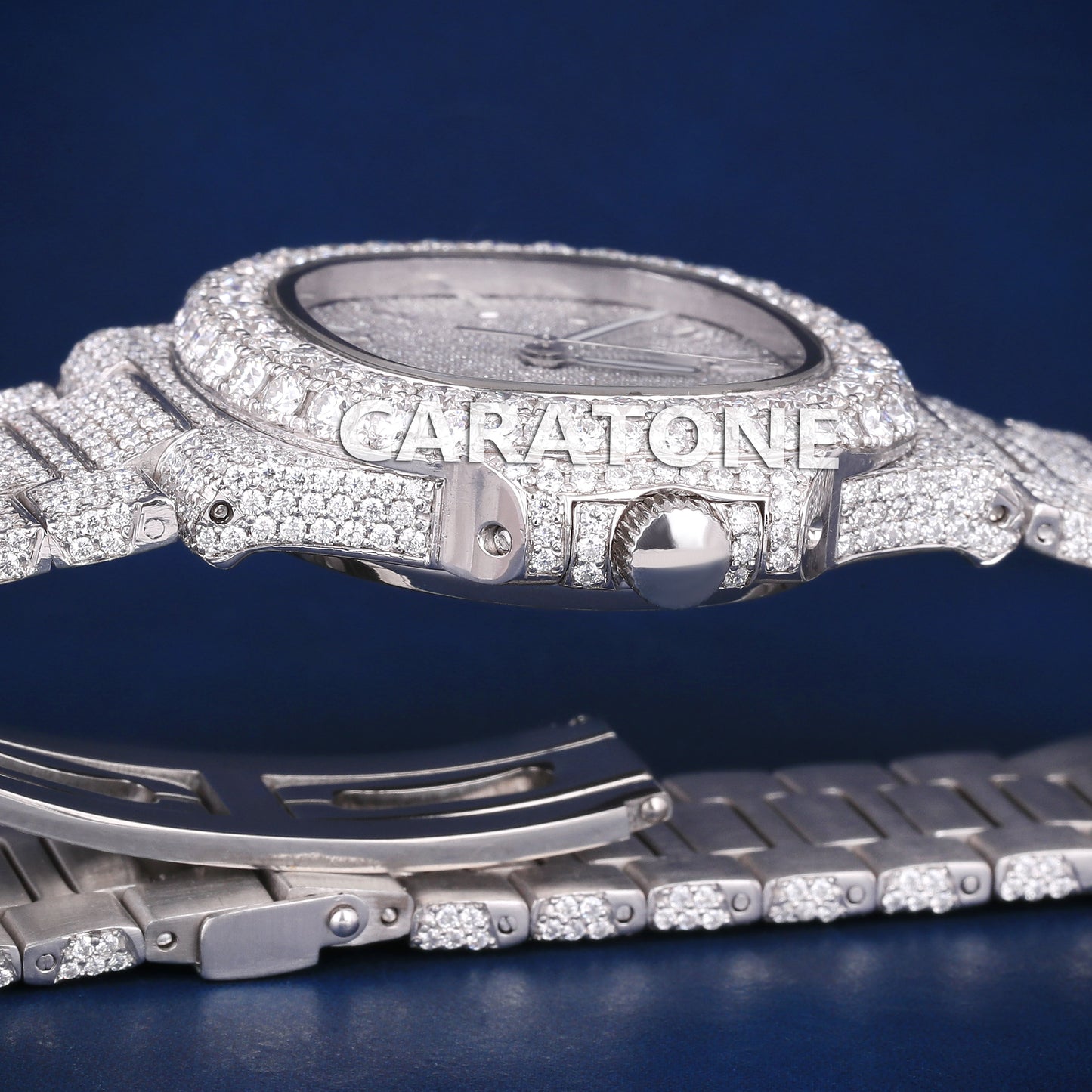 Full iced out hip hop custom made branded watch in white tone with D VVS clarity
