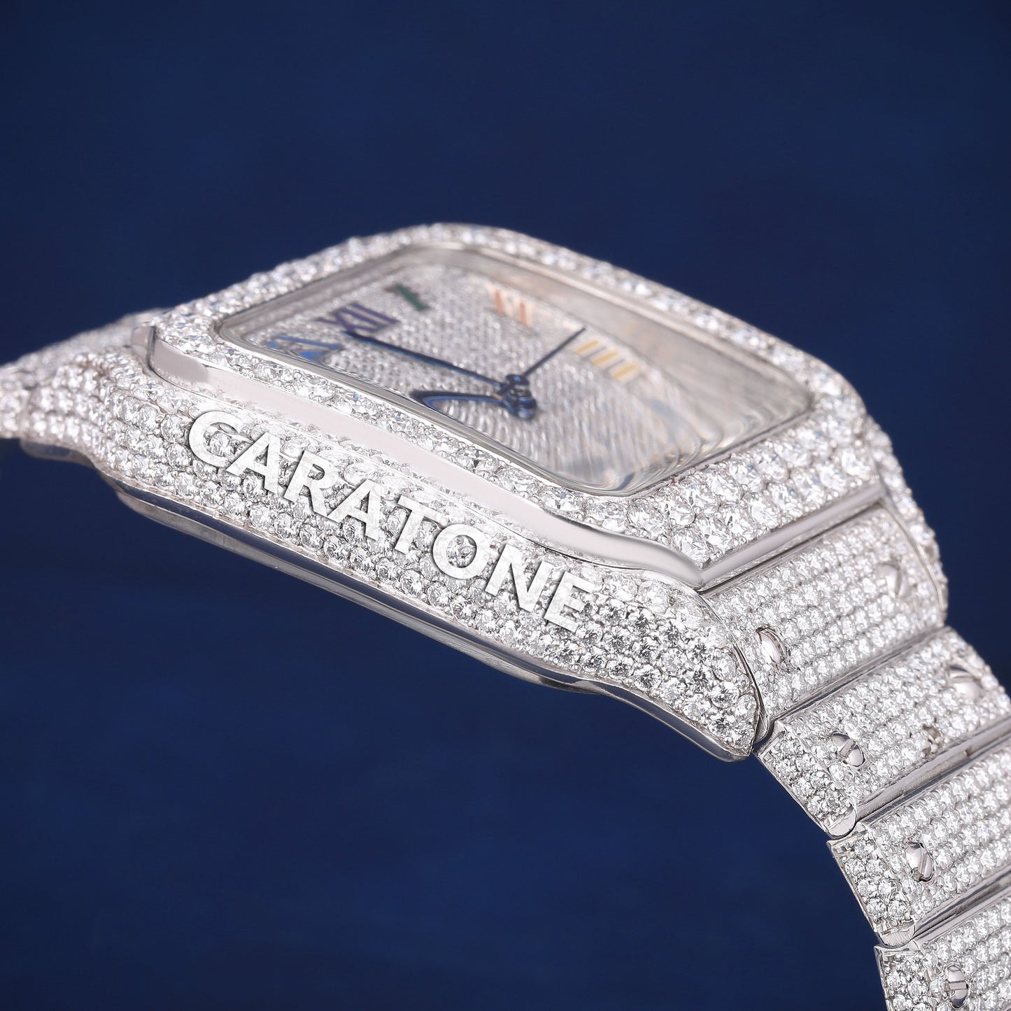 Hip hop full iced out branded watch in white tone with D VVS clarity and colourful roman numerals