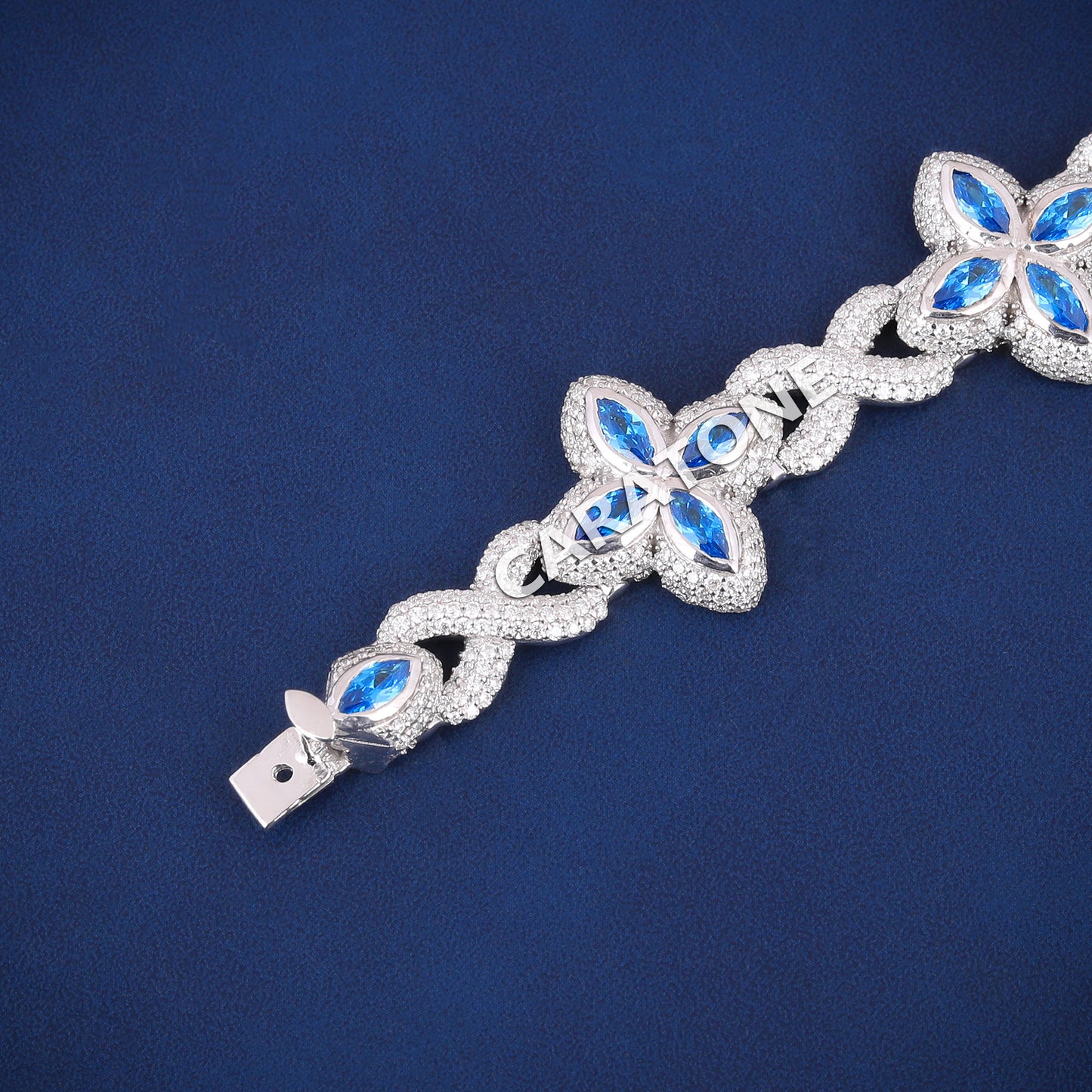 20mm Sterling Silver Blue Marquise and Round Diamonds with Four Leaf Clover Infinity Link Bracelet