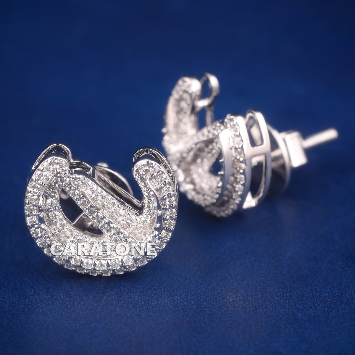 Custom Double-Layer Horseshoe Diamond Stud Earrings in White Gold Finish
