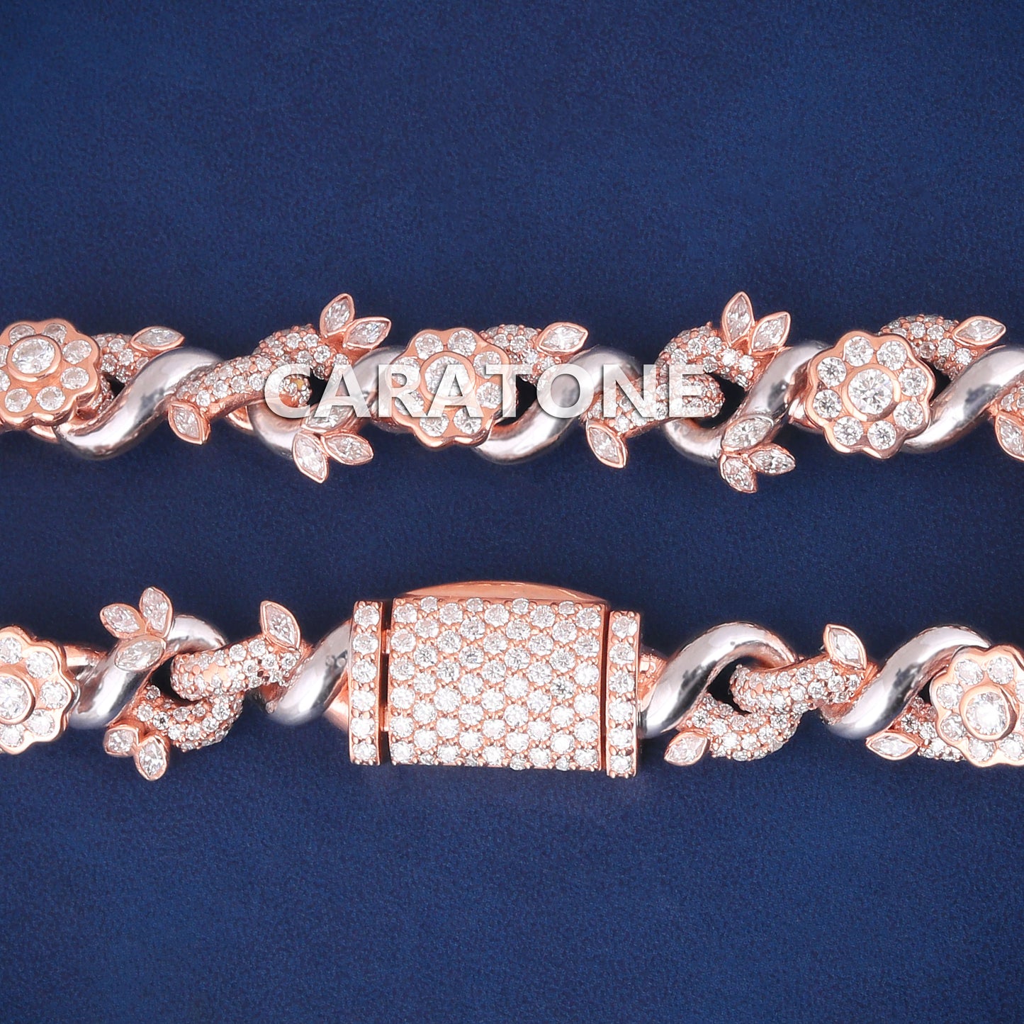 7.8 Inch Custom Fully Rose Gold Plated Iced Out Sterling Silver Flower Infinity Link Bracelets with Lab Diamond Unique Designer Bracelets for Mens
