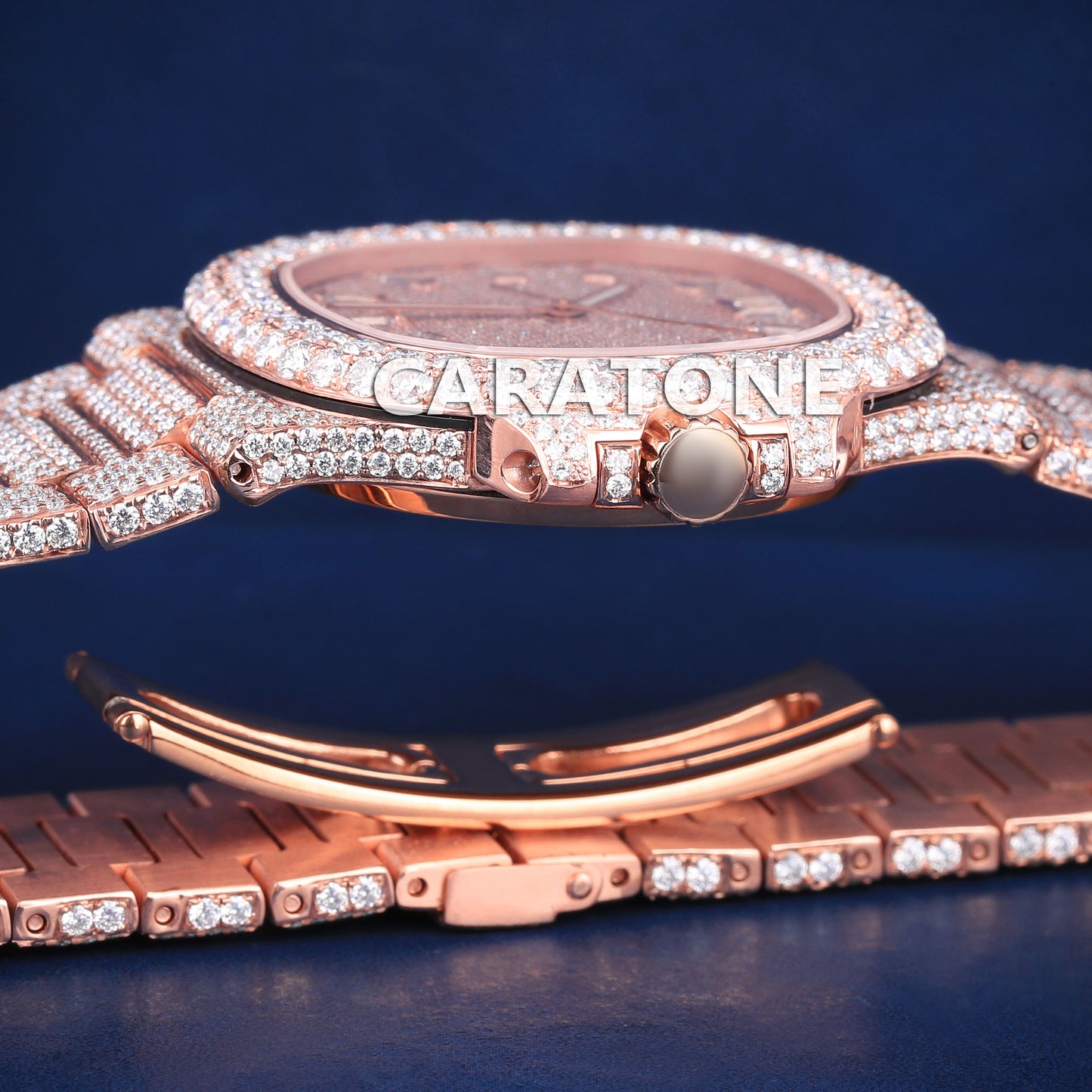 Full iced out hip hop branded watch in rose gold tone with diamond tester passed