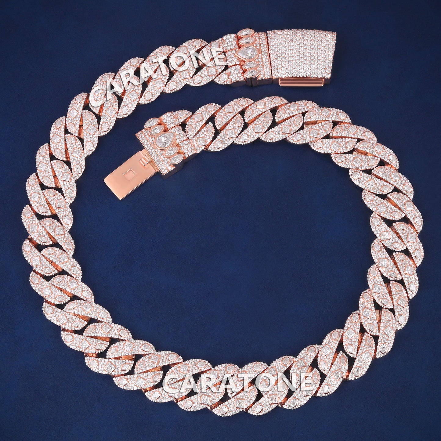 14k Mens Real Rose Gold Cuban Link Chain 22 inch 24mm with Round and Fancy cut multiple VVS Diamond Design Rappers Chains Custom Heavy Gold Cuban Necklace
