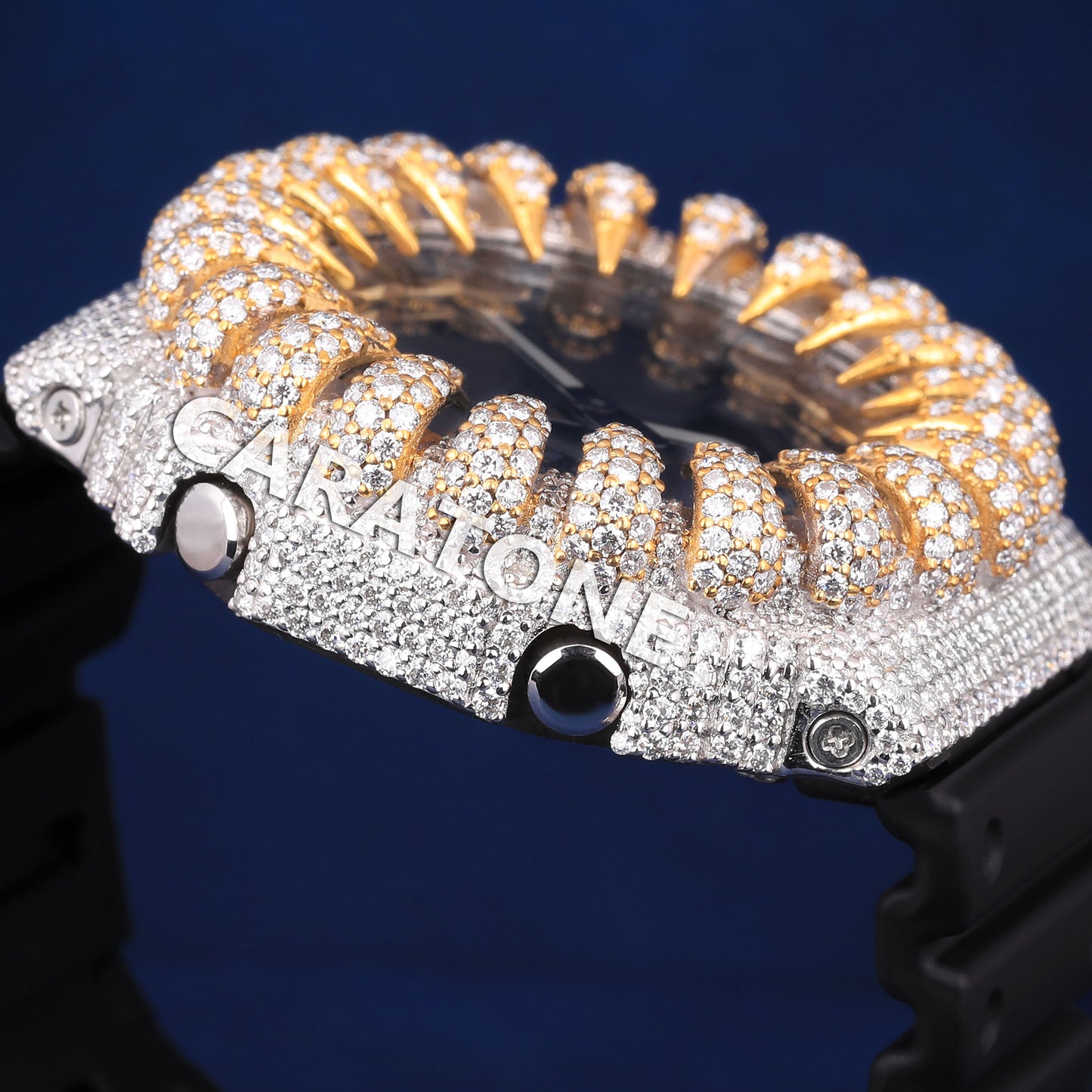 Custom Iced Out Black Analog Digital Spiked Bezel Fully Yellow Diamond Watches