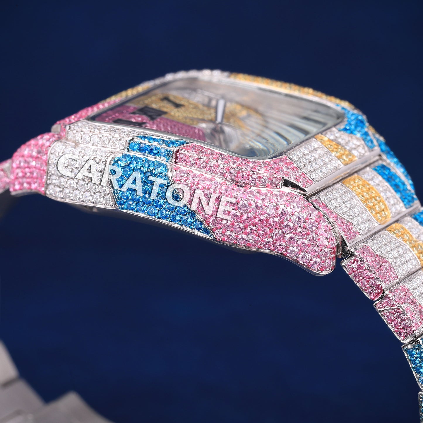 Colourful diamonds full iced out hip hop branded watch with black roman numerals in dial with D VVS clarity
