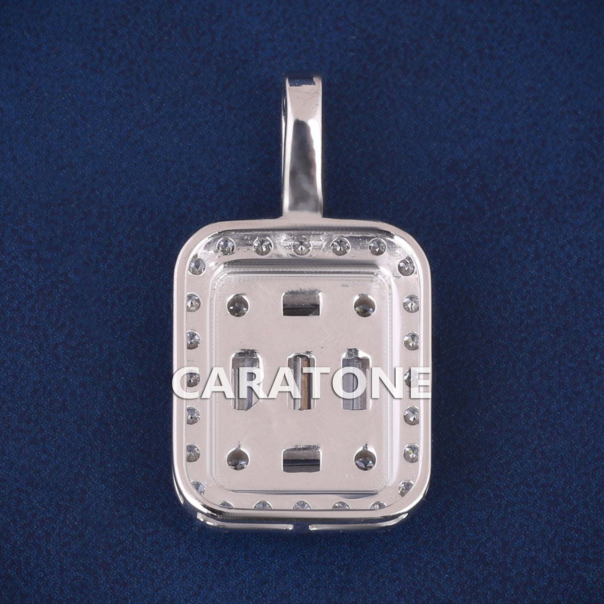 Custom Iced Out Rectangular Baguette Diamond Pendant with Round Diamond Halo