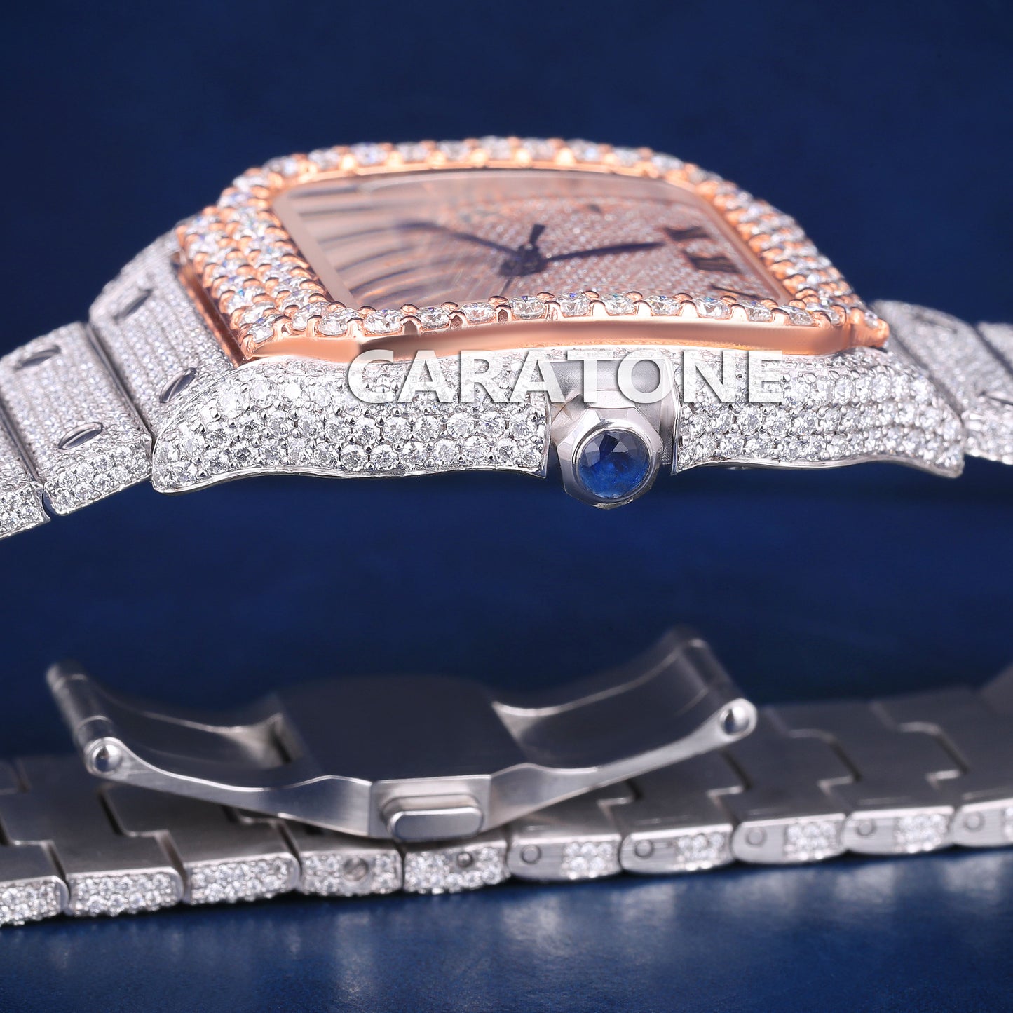 Full iced out hip hop branded watch in two tone with black roman in dial with D VVS clarity