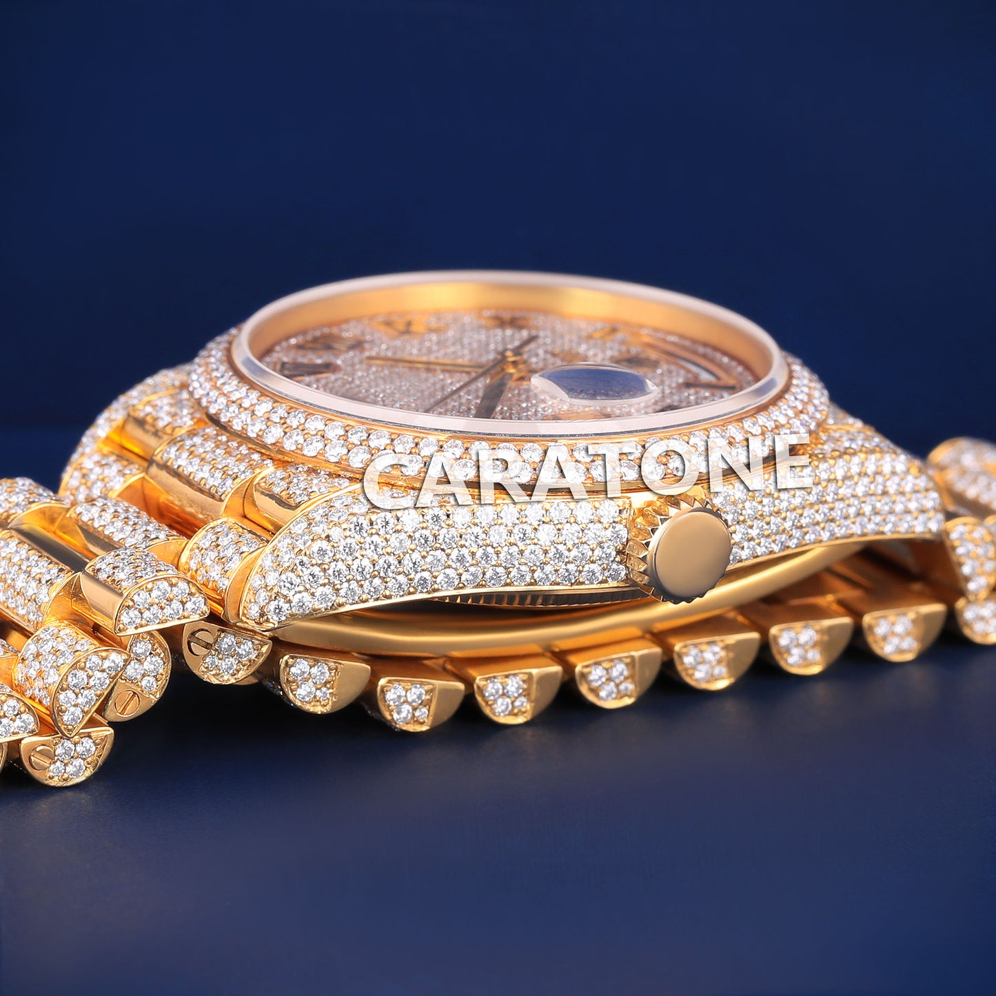 41mm Yellow Roman Dial Day Date Fully Iced Out Presidential Watch in Custom VVS Diamond Watch Richest Rapper Watches with Real Diamonds