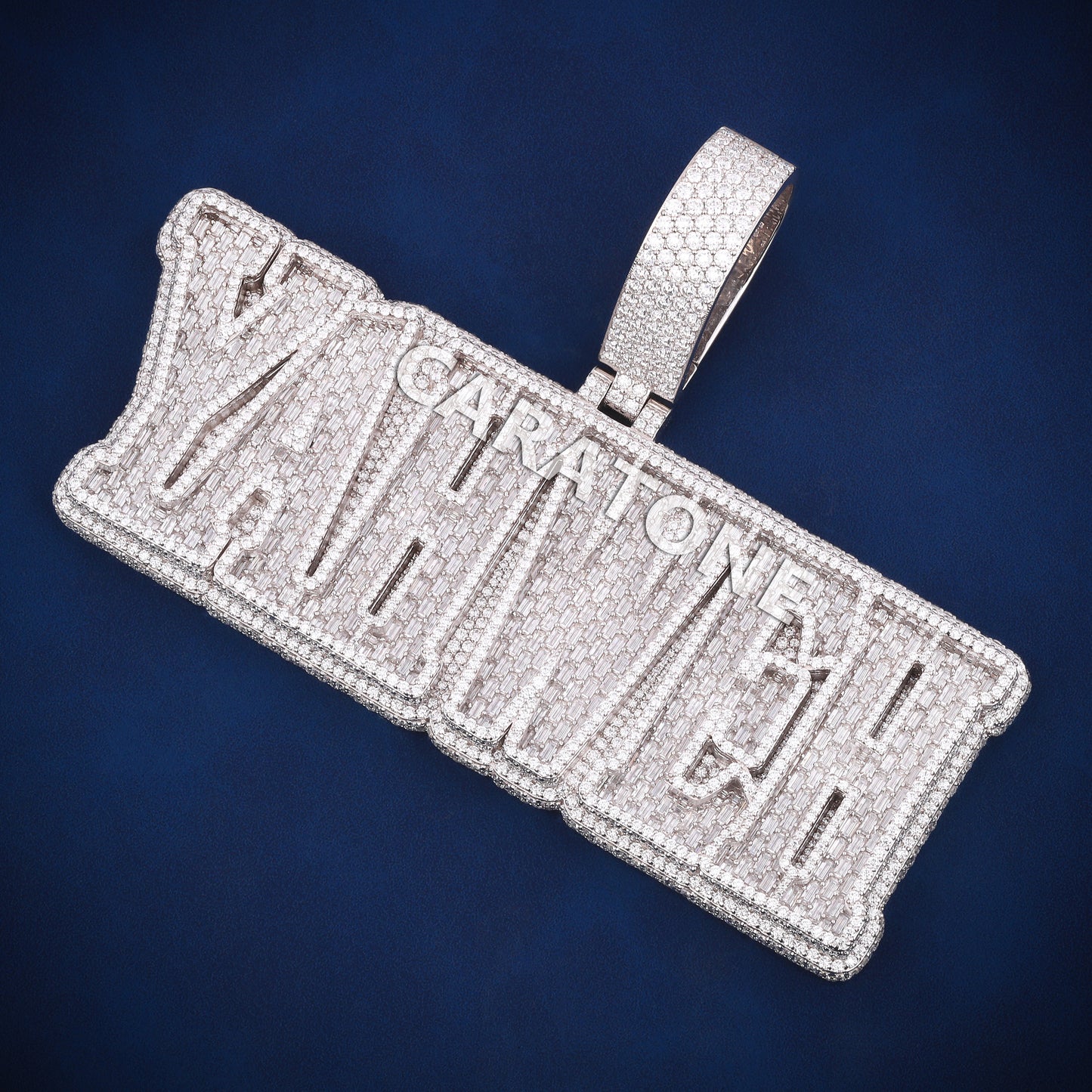 Big statement name pendant customized in 925 silver lab diamond