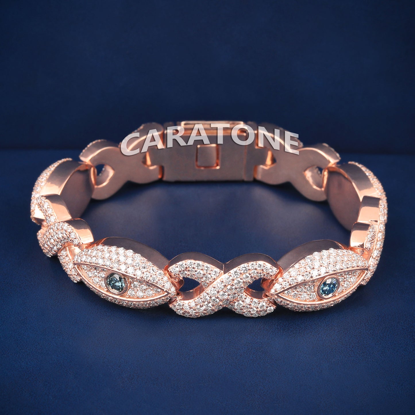 7 Inch 12.5mm Rose Gold Infinity Eye Bracelet Iced Out with Blue Diamonds for Regal Essence