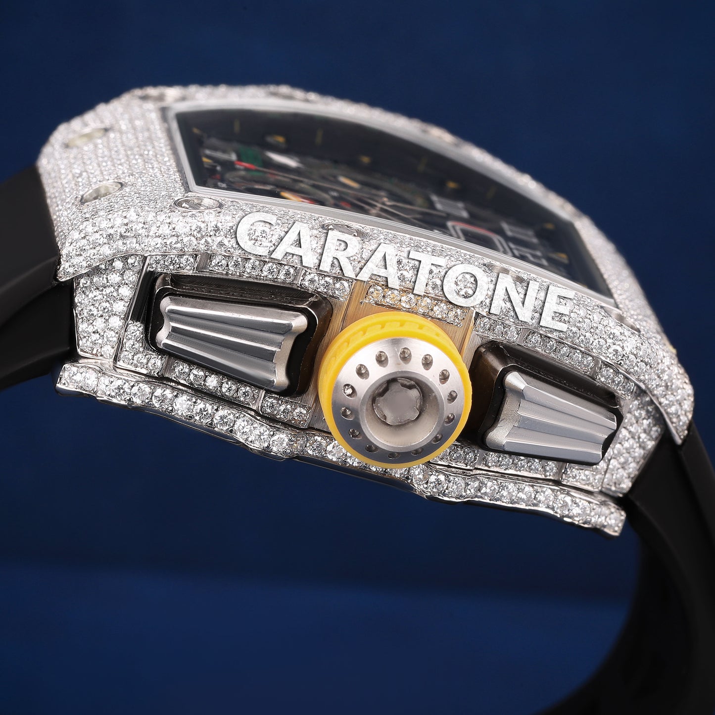 Hip hop custom made black rubber strap mechanical diamond watch