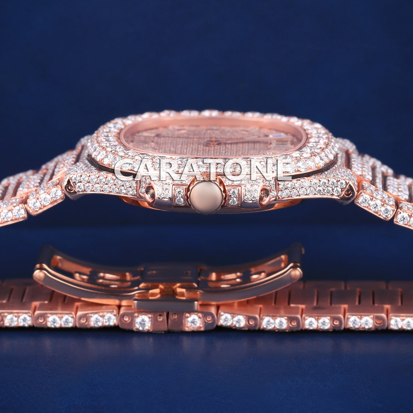 Full iced out hip hop branded watch in rose gold tone with baguette diamonds in dial and diamond tester passed