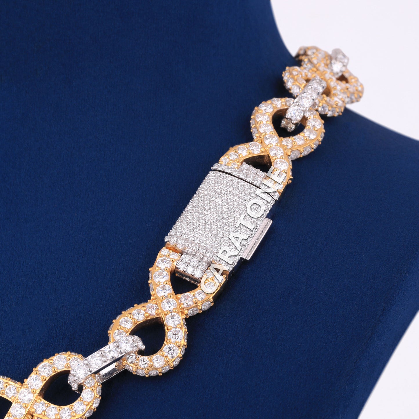 22 inch 18mm Big Round Diamond Iced Infinity Link Cuban Chain with Two Tone Silver & Yellow Gold Mens Custom Rappers Chains