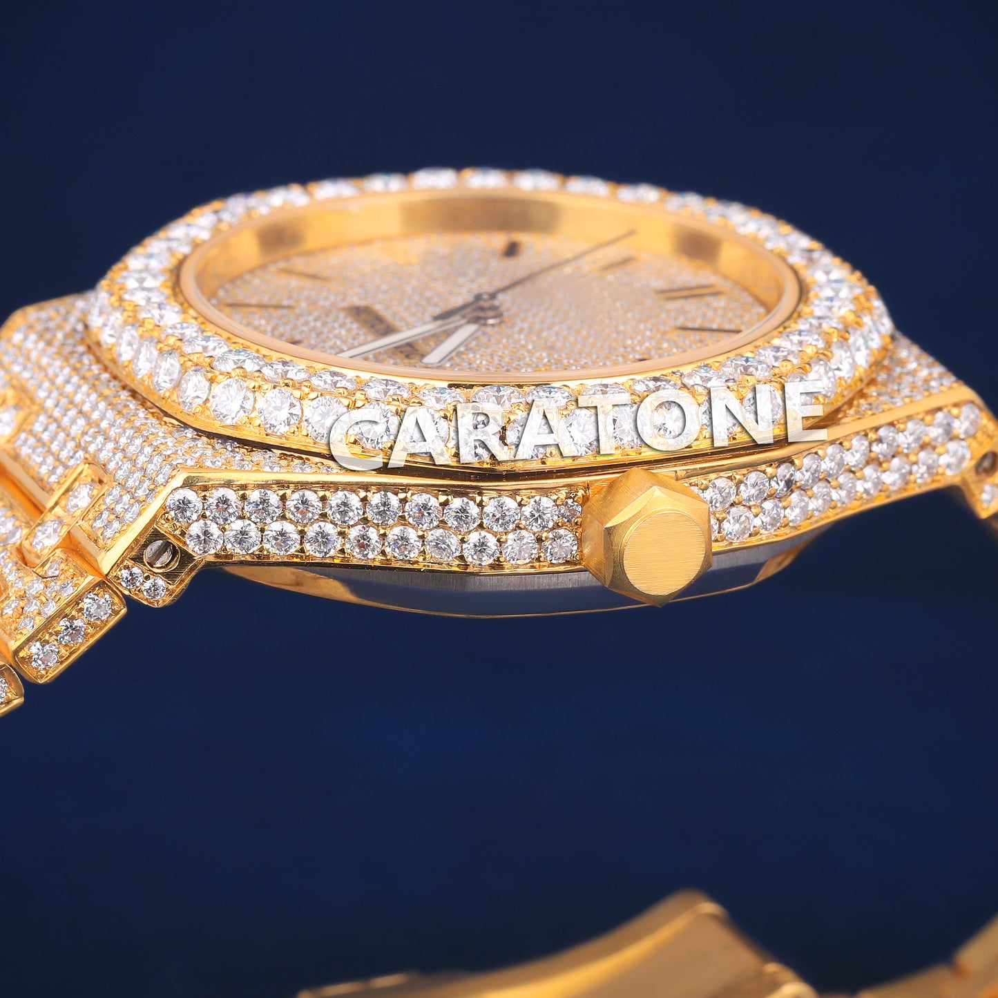 Customized Hip hop Ice Watches VVS Diamond Stainless Steel Fully Yellow 42mm Luxury Rapper Watch