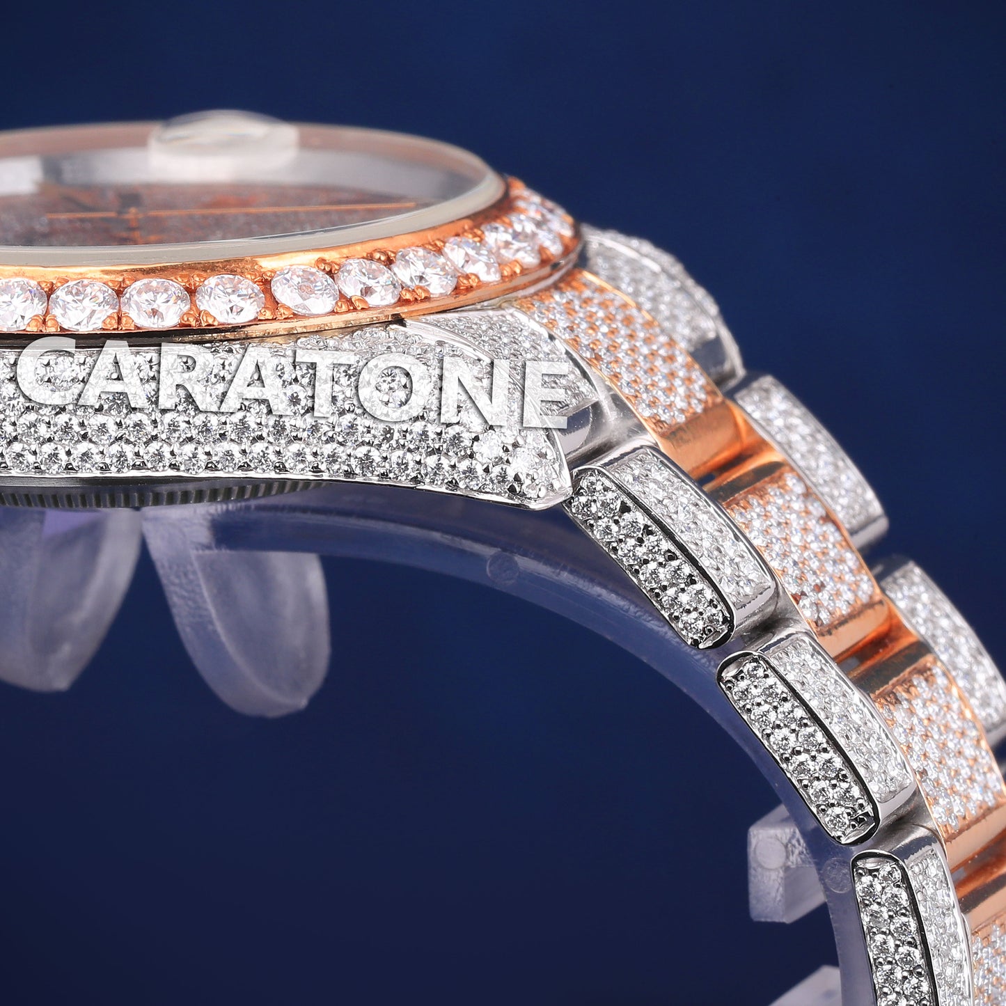 Fully Iced Out Mens Hip Hop Watches Two Tone Silver Rose Roman Numeral Dial Customized Watches