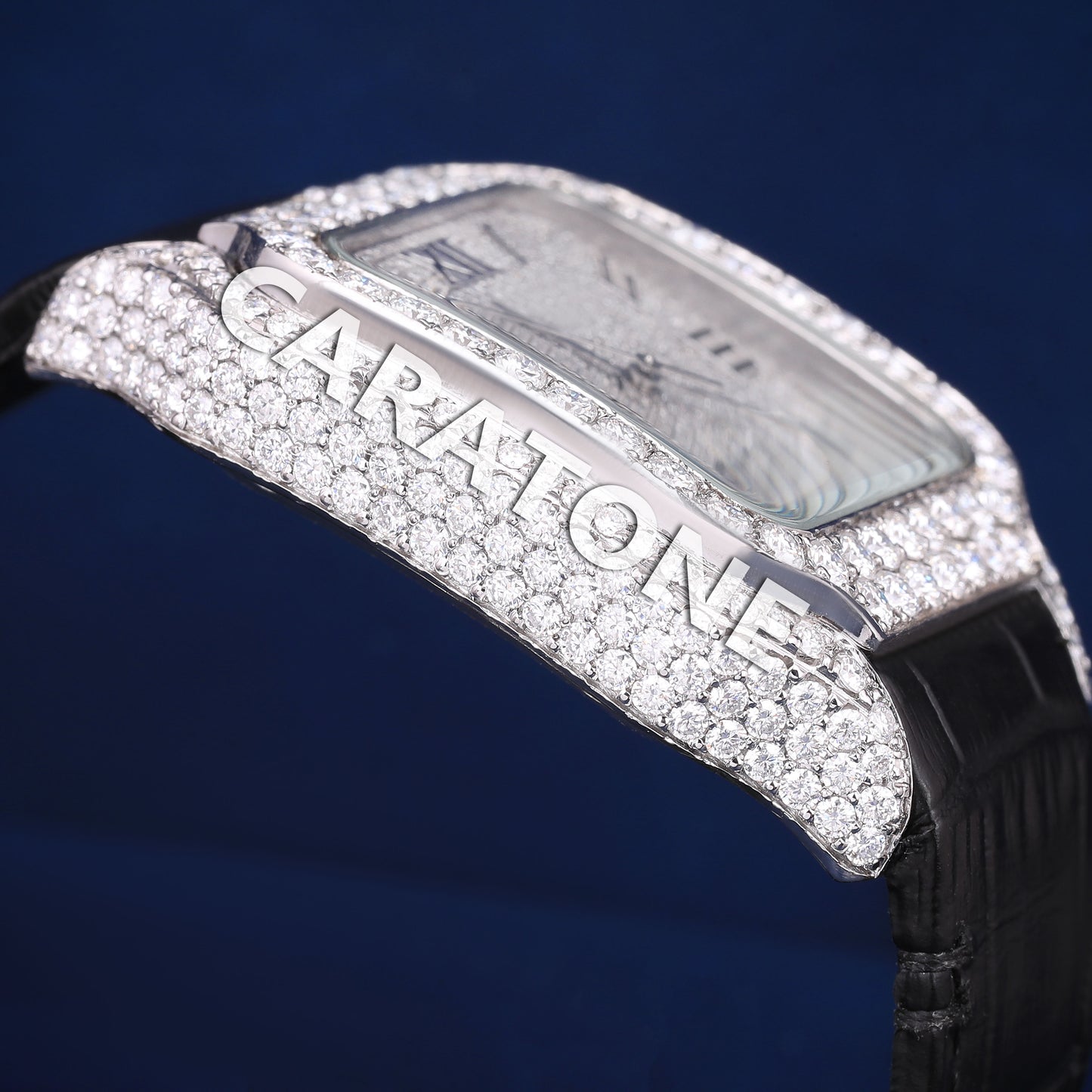 Mens Black Leather Belt Watch Fully Iced Out Silver Diamond Dial with Roman Numeral VVS Hiphop Watch