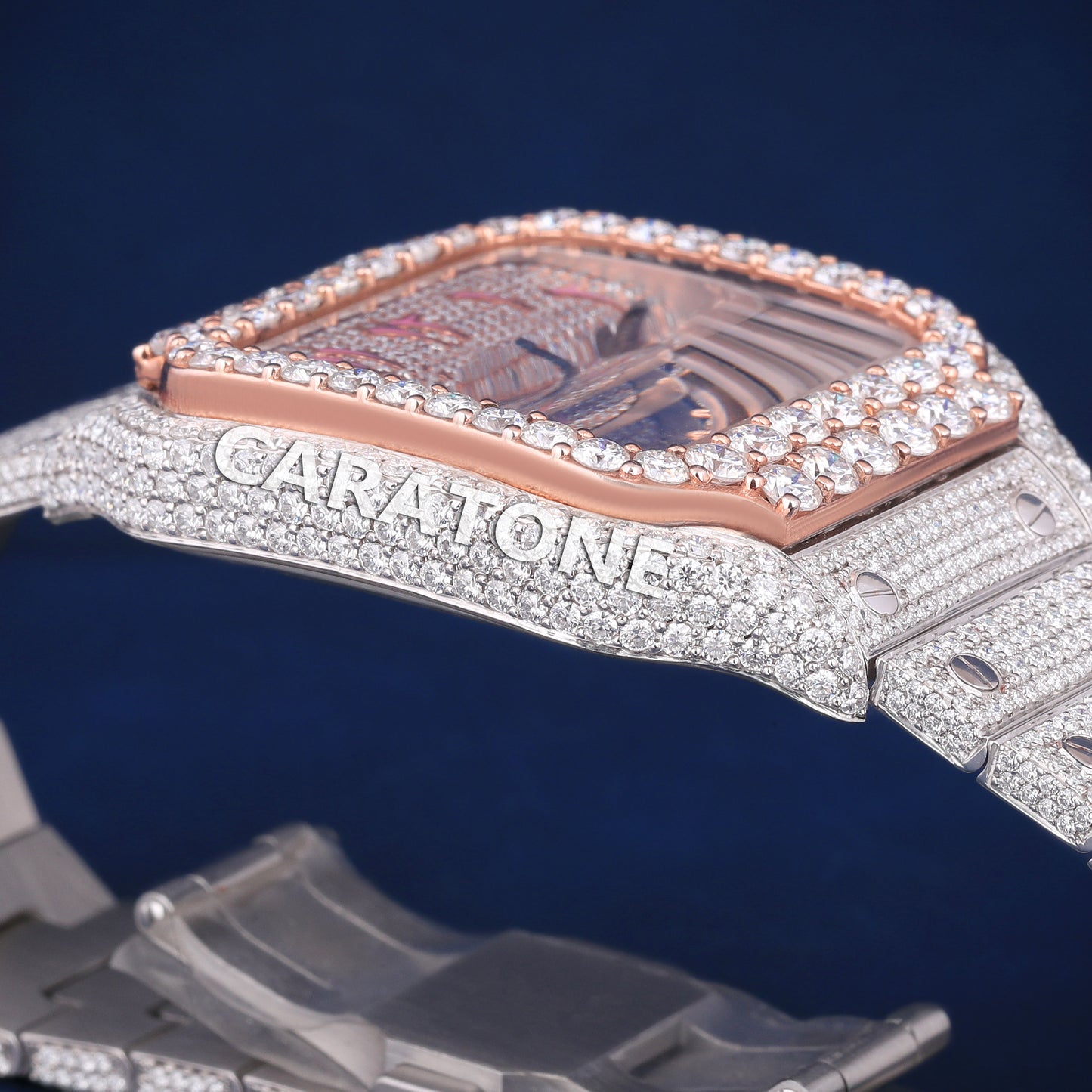 Hip hop full iced out branded watch with pink arabic numerals and diamond tester passed