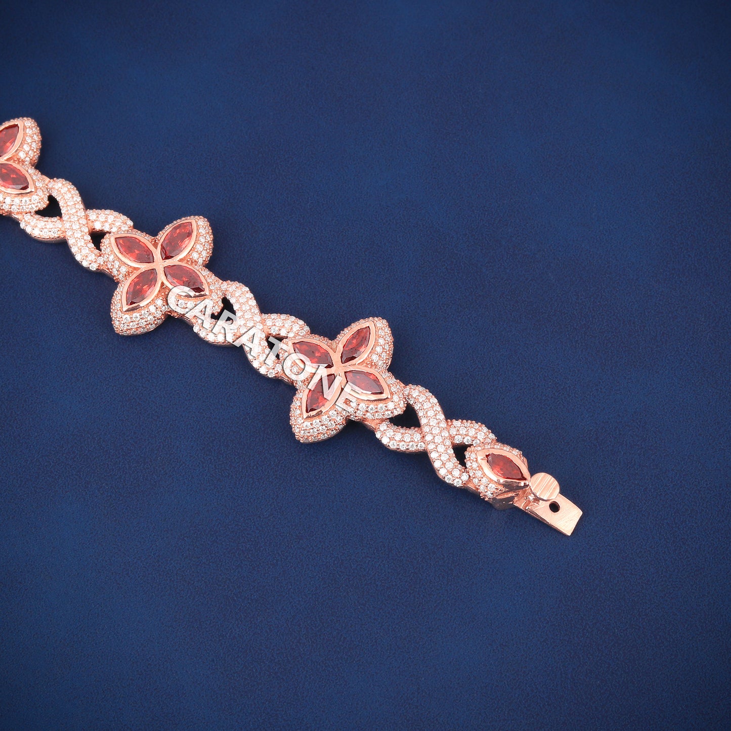Rose Gold Clover Bracelet with Red Marquise Gemstone and Full Iced Look for Men in Hip Hop Luxury Style