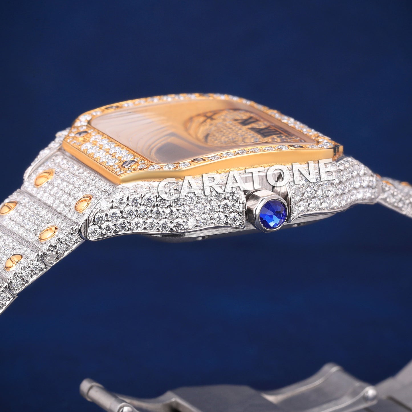 Hip hop full iced out branded watch with two tone and black roman in it and diamond tester passed