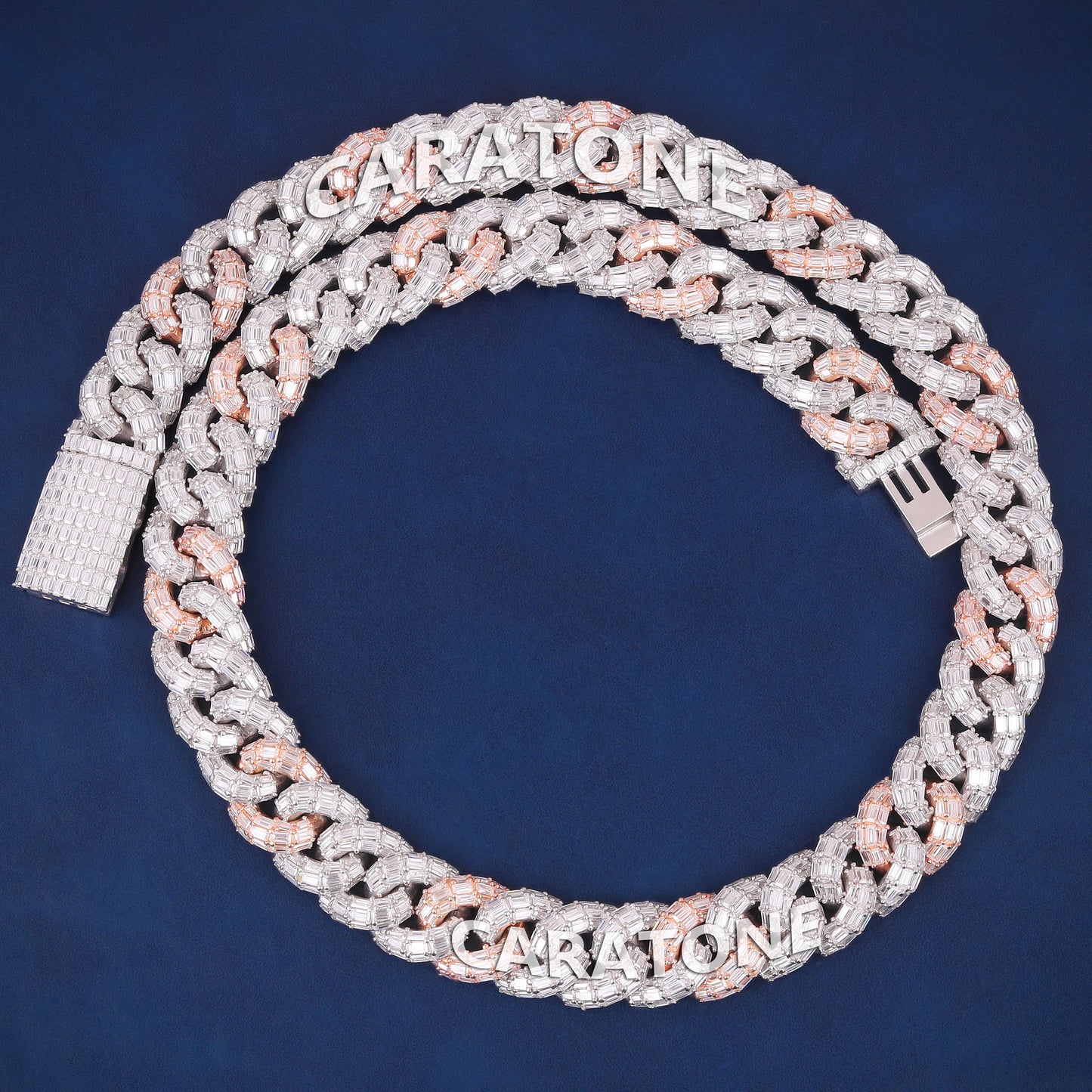 22 inch 15mm Fully Iced New Baguette Figaro Link Chain with Two Tone Silver & Rose Gold Rappers Iced Out Chains in Mens Custom HipHop Chain
