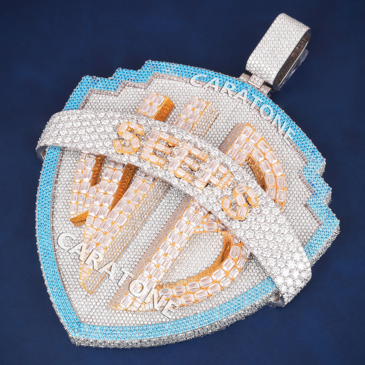 Premium Custom Shield Pendant With Blue & White Labgrown Diamond White Pave Setting And Rose Gold Letter Design