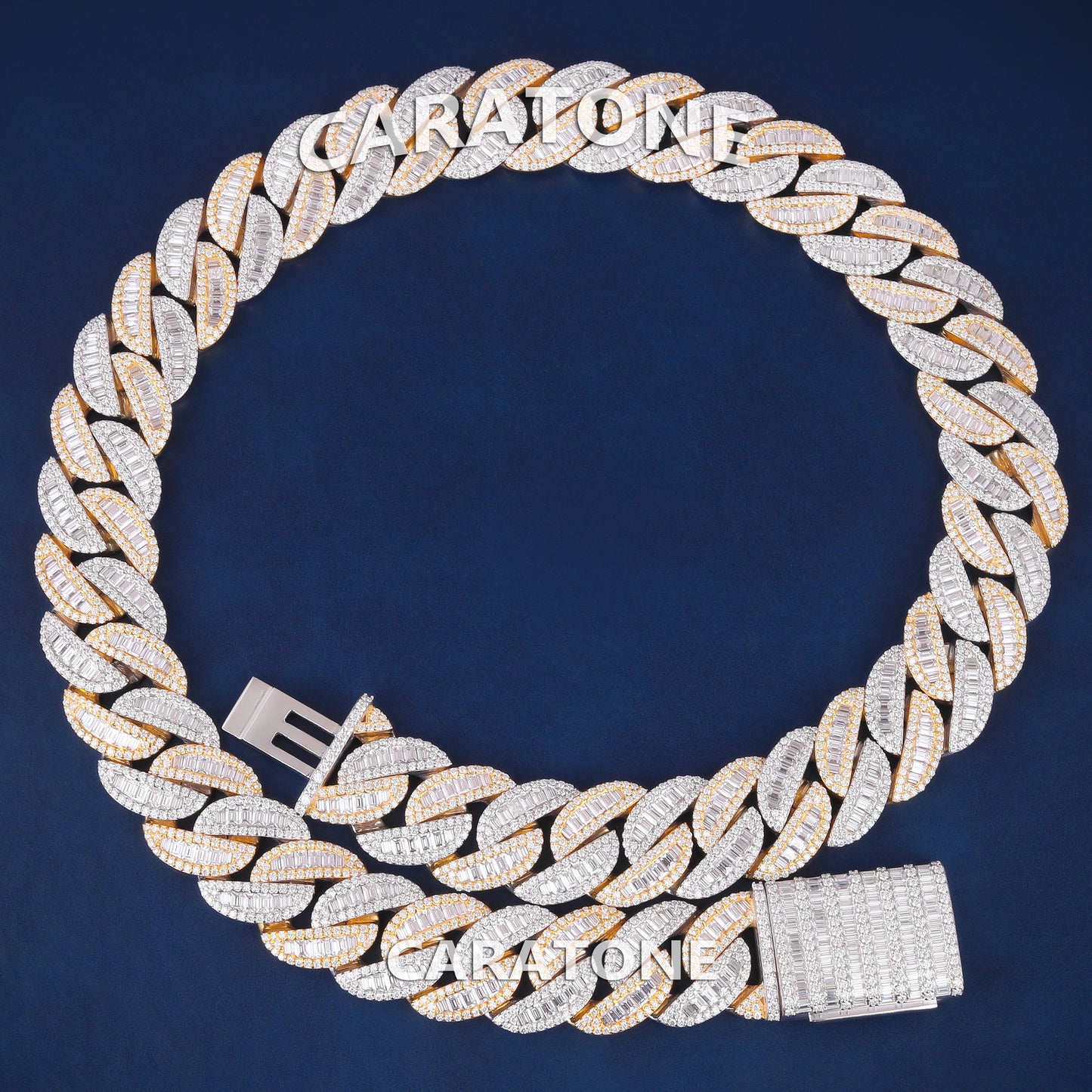 Custom Two Tone Silver Yellow Gold Miami Cuban Link Chain 22 inch 20mm Round Baguette VVS Custom Chain Mens Diamond Cuban Necklaces