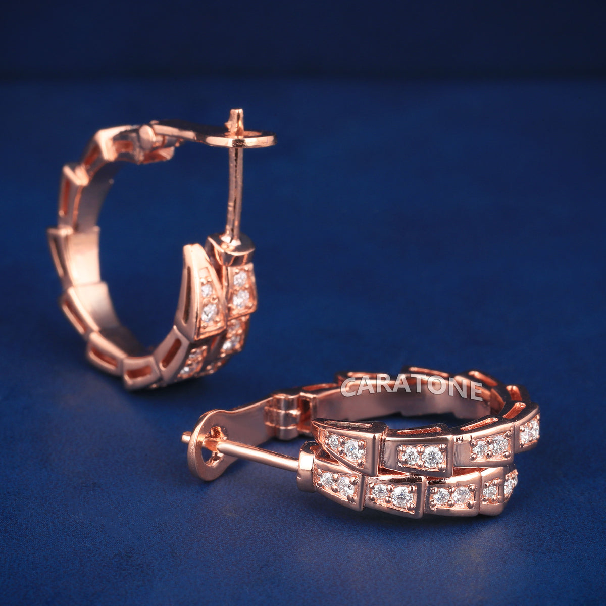 Rose Gold Diamond Geometric Hoop Earrings – Double Row Square Link Design