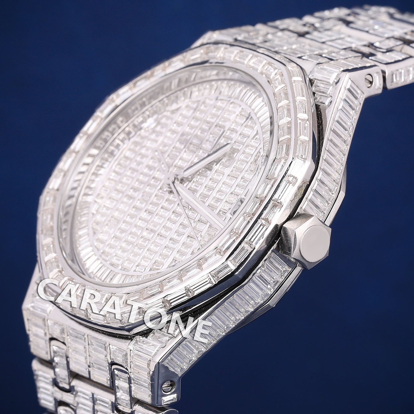 Full iced out Hip hop branded watch with full of baguette diamond in white tone and with D VVS clarity