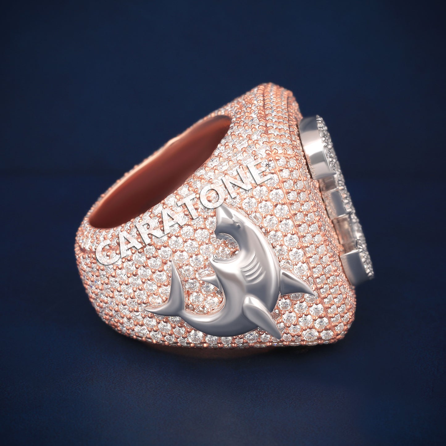 Fully Iced Out Chunky Square Diamond Ring in Rose & White Gold Drip
