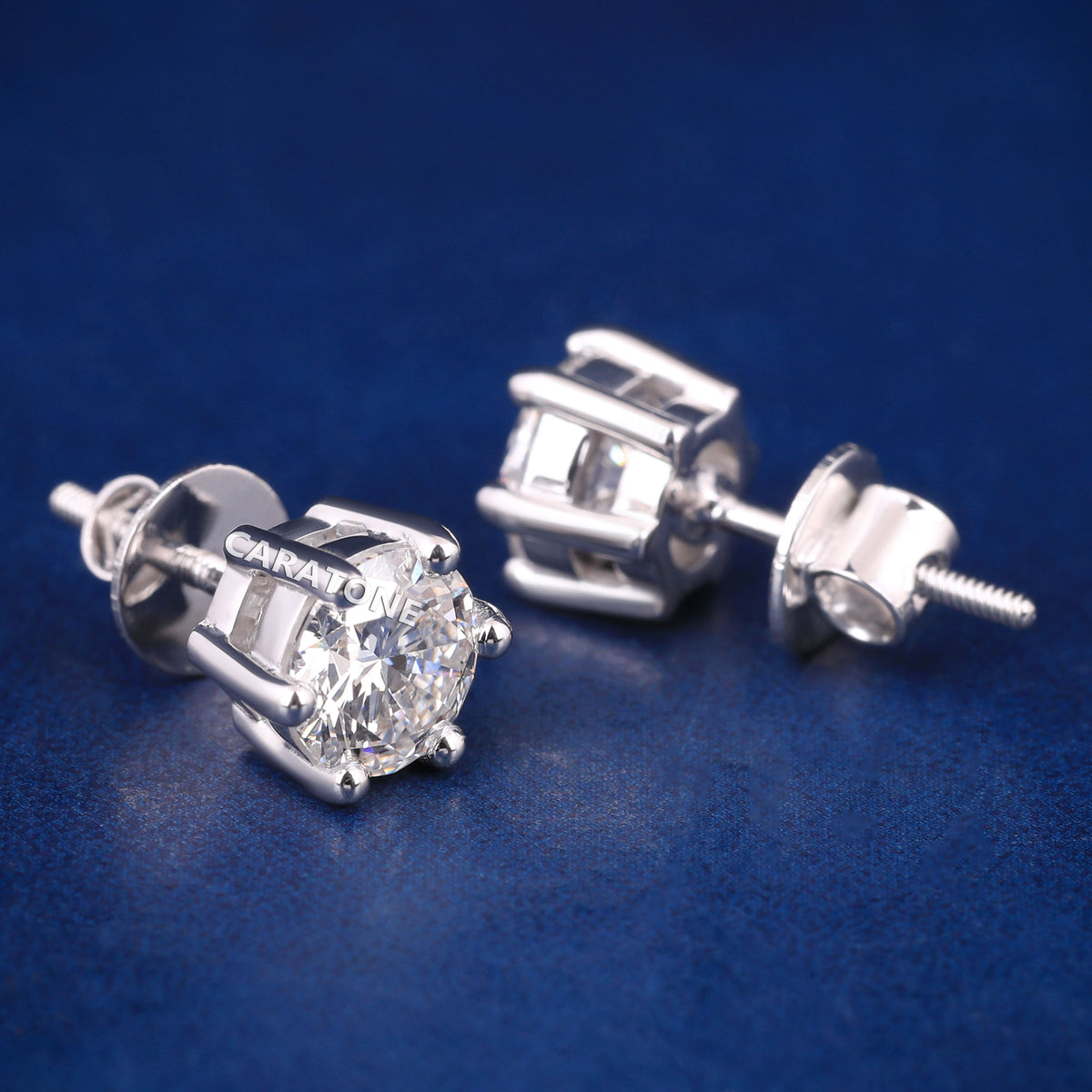 Six-Prong Round Diamond Stud Earrings in White Gold Finish
