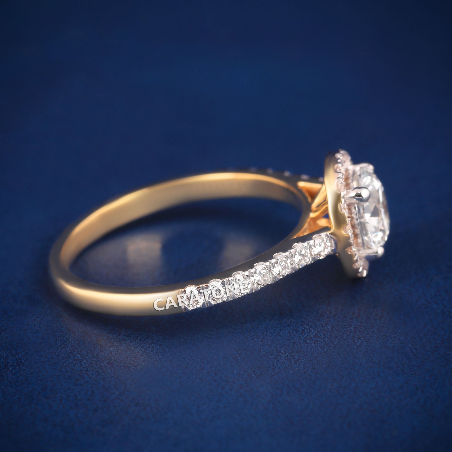 Halo Style Round Diamond Engagement Ring with Pavé Band in 14K Yellow Gold