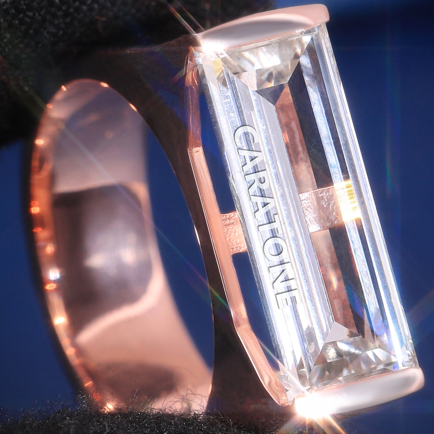 Baguette Solitaire Ring Horizontal Lab Grown Diamond Engagement Ring for Men Fully Rose Gold Iced Out Custom Unique Wedding Rings