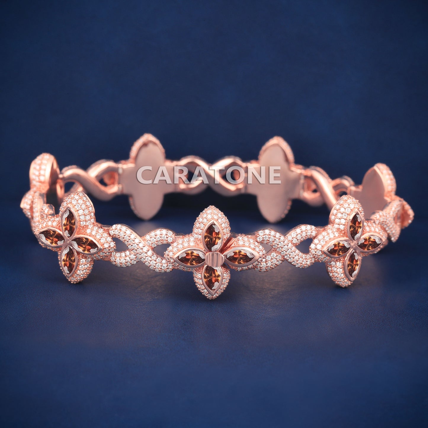 8.5 Inch 9mm Rose Gold Diamond Clover Bracelet Fully Iced Out Lucky Charm and Exclusive Hip Hop Style
