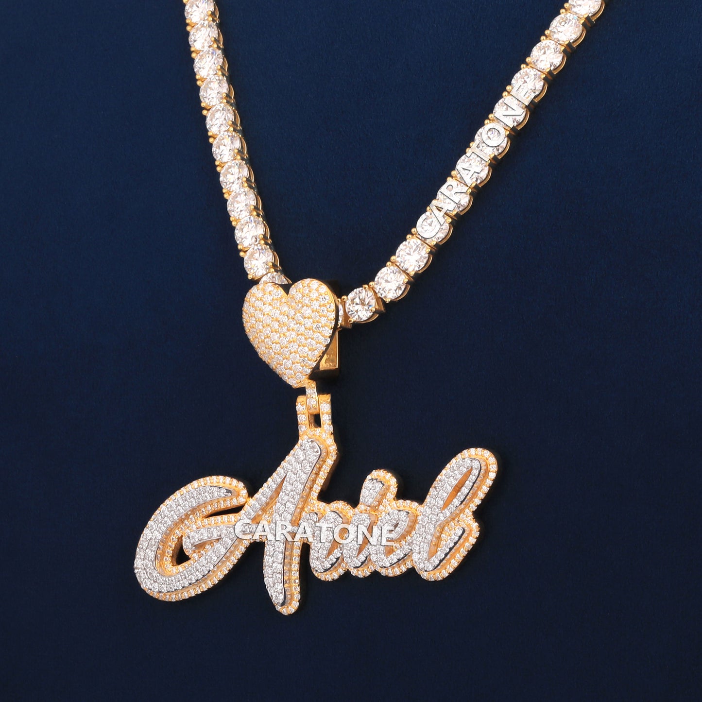 Custom Letter Pendant With 5 MM Tennis Chain In 14 KT Gold With Lab Diamond