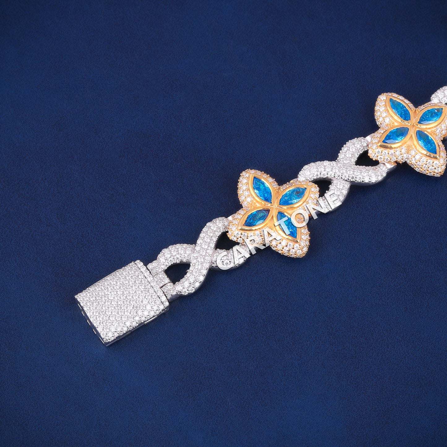 Two Tone Silver & Yellow Gold Fully Customized Rappers Party Wear Four Leaf Blue Diamond Gold Clover Bracelets Mens Womens